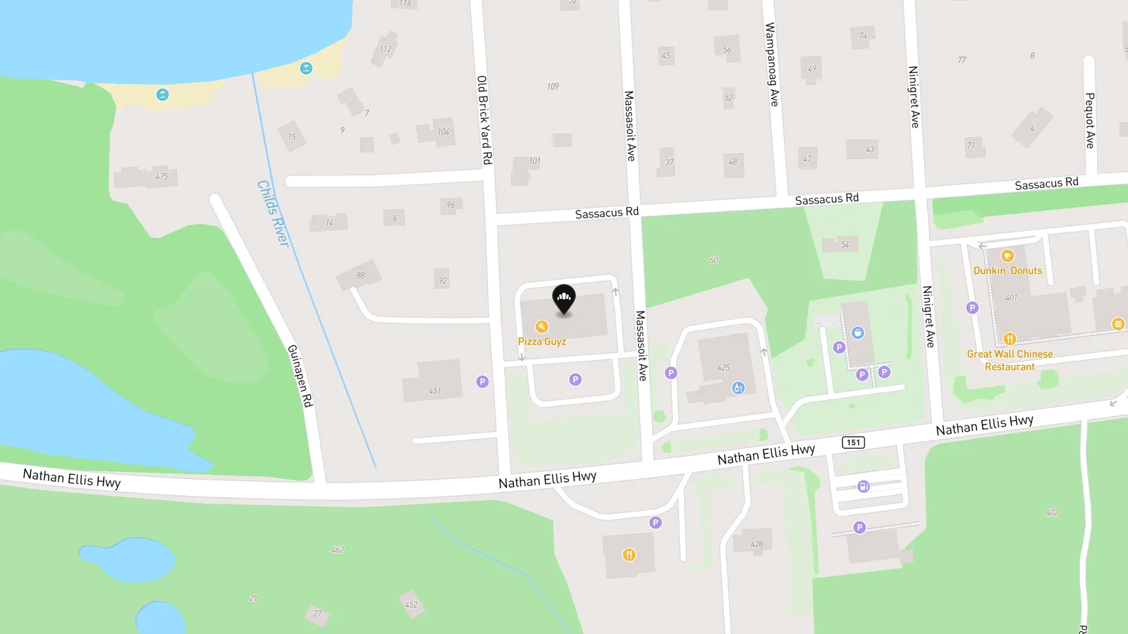 Map showing location of White Lion Baking Company (Mashpee)