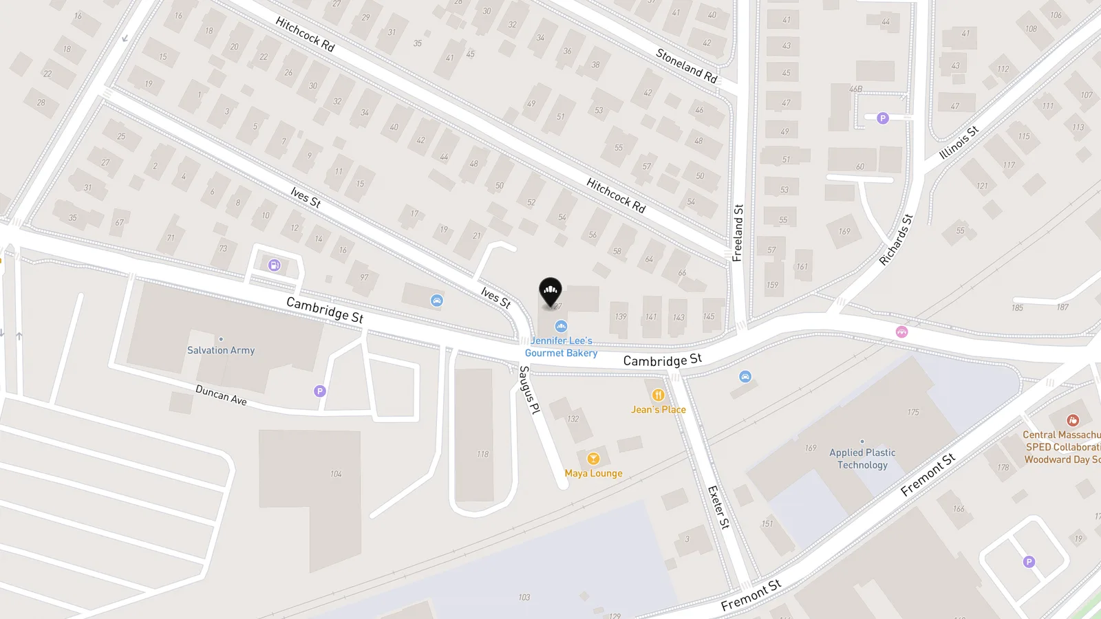 Map showing location of Jennifer Lee's Gourmet Bakery (Worcester)